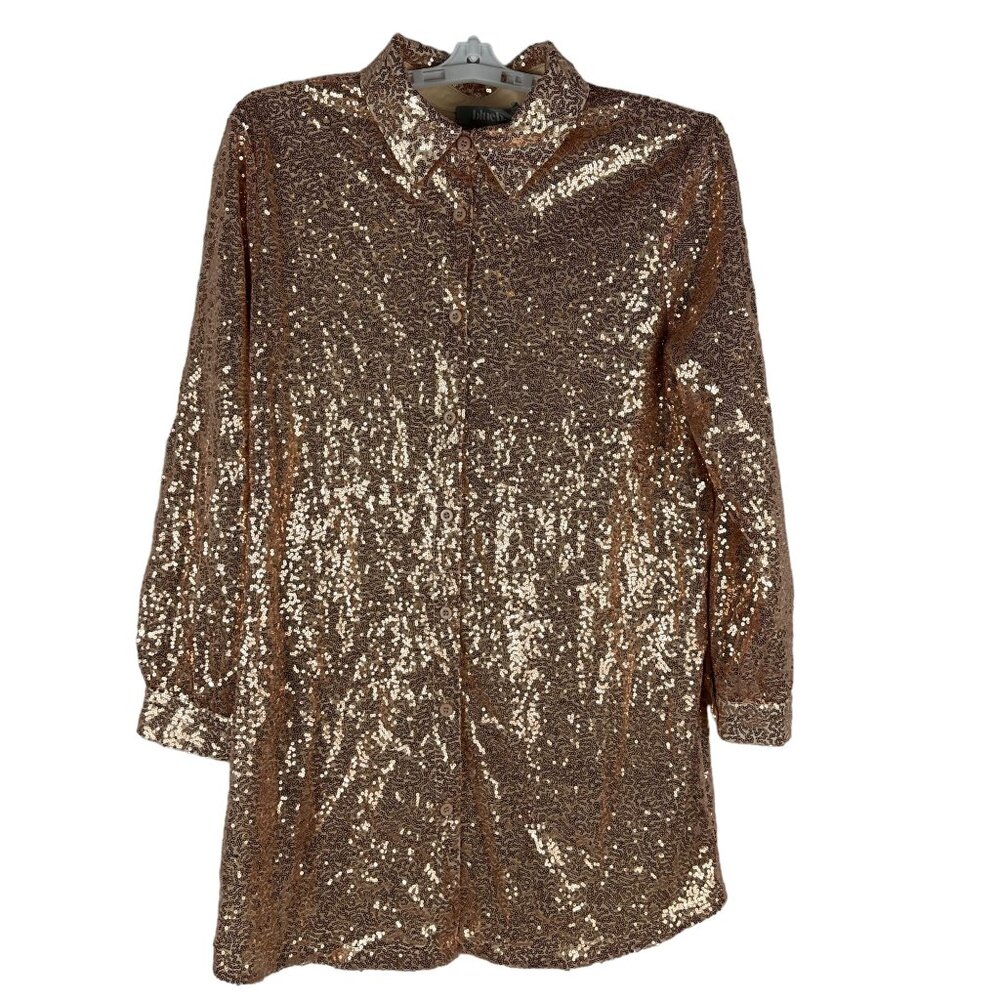 Blue B Collection Womens Rose Gold Sequin Button Up Shirt Size L